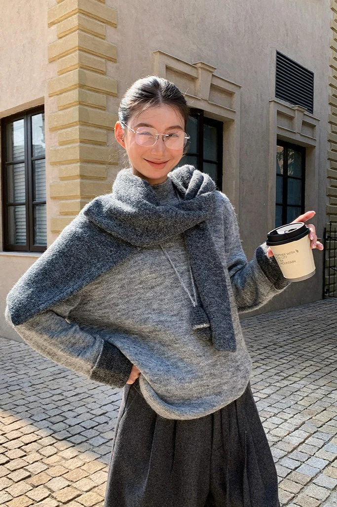 Color-Block Mock Neck Loose Lazy-Style Knit Sweater - Image 17
