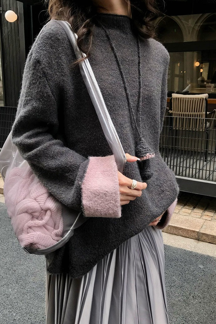 Color-Block Mock Neck Loose Lazy-Style Knit Sweater - Image 4