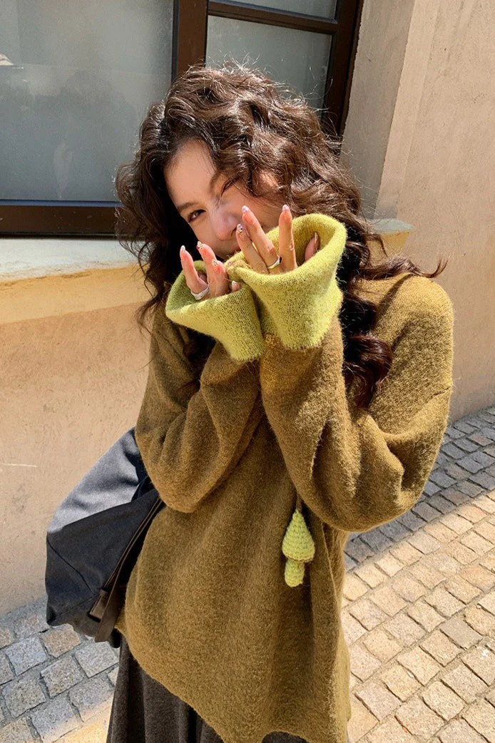 Color-Block Mock Neck Loose Lazy-Style Knit Sweater - Image 8