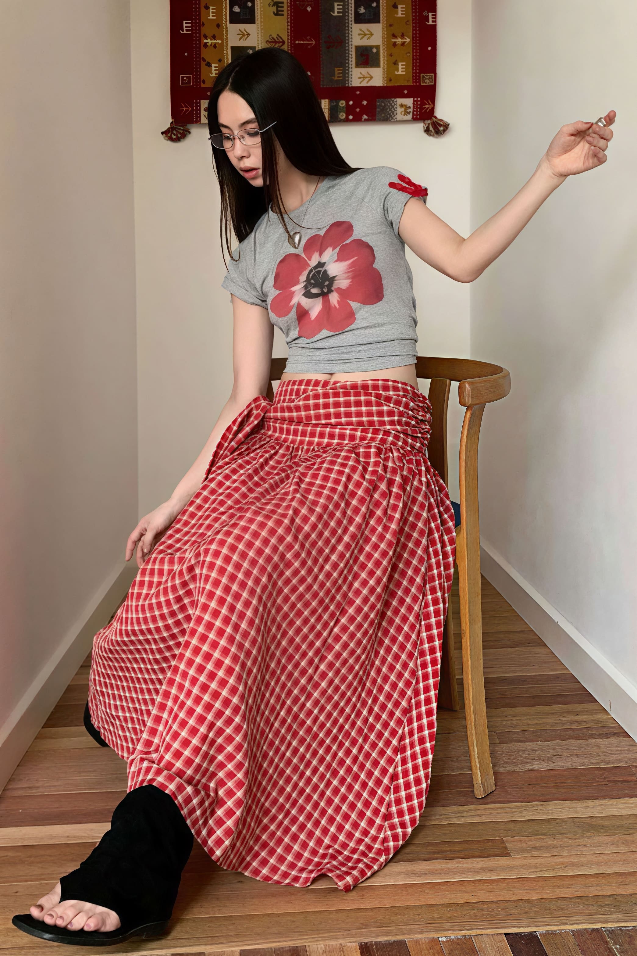 Color Block Plaid Tie Side Zip Loose Skirt - Image 3