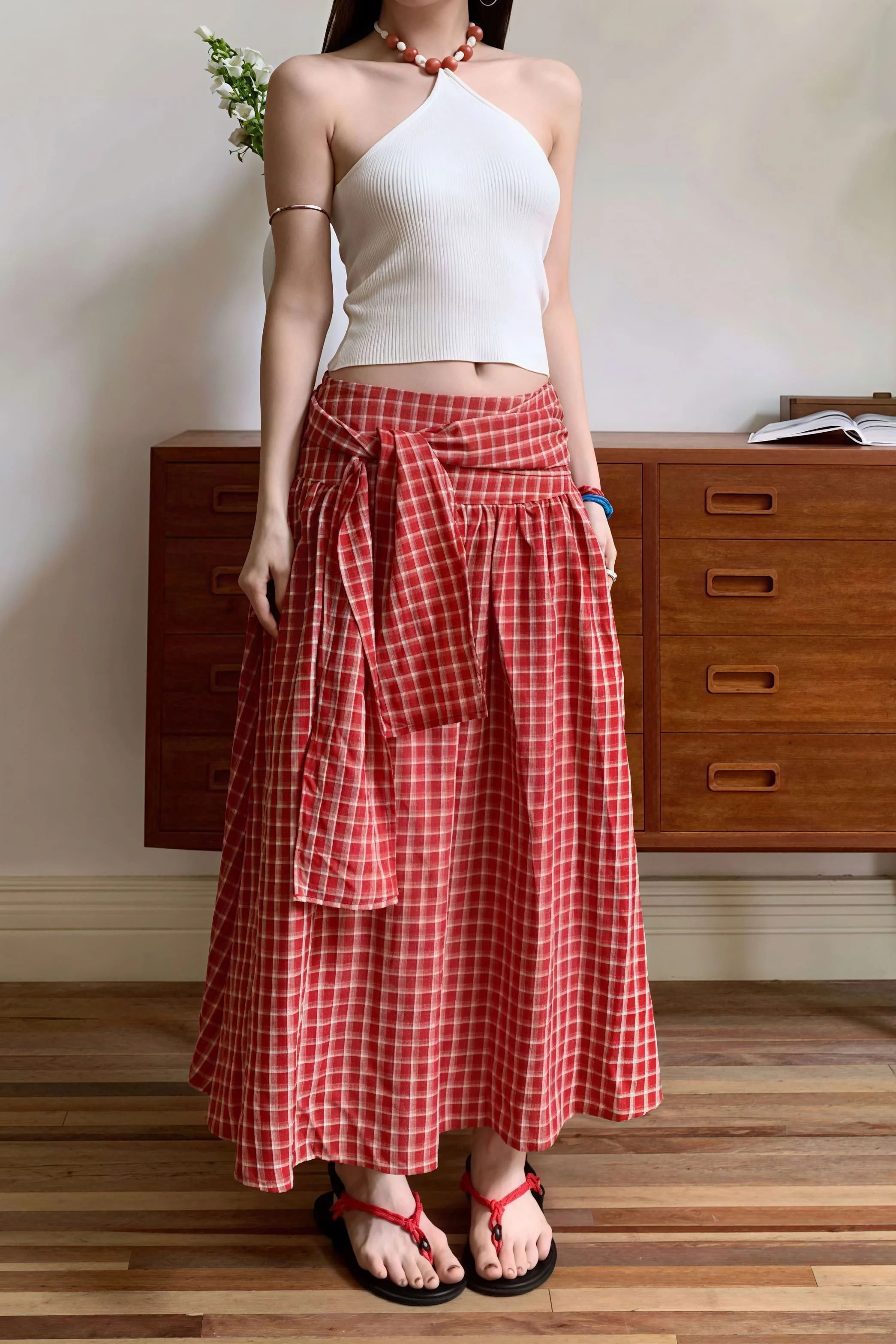 Color Block Plaid Tie Side Zip Loose Skirt - Image 4