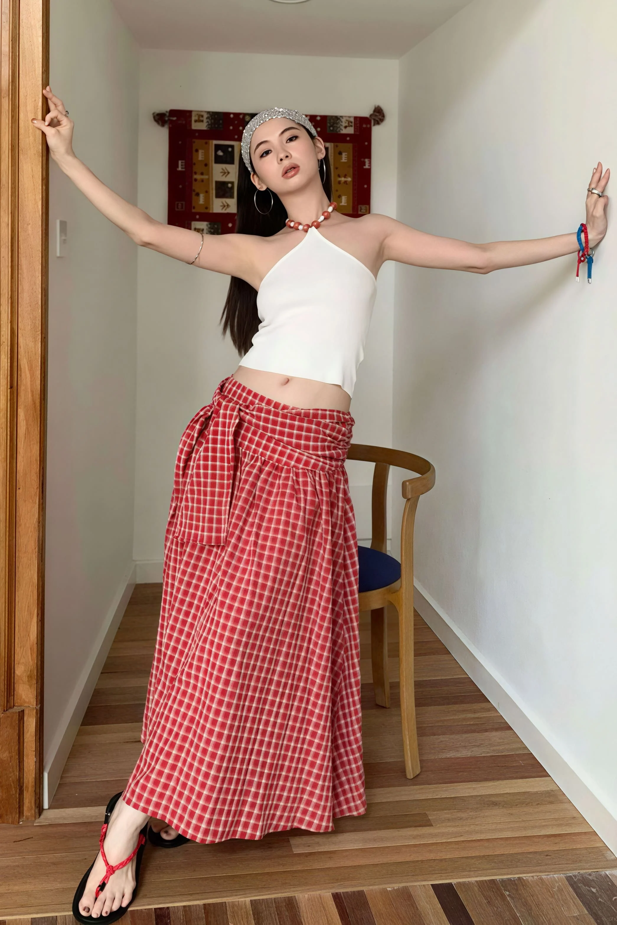 Color Block Plaid Tie Side Zip Loose Skirt - Image 5