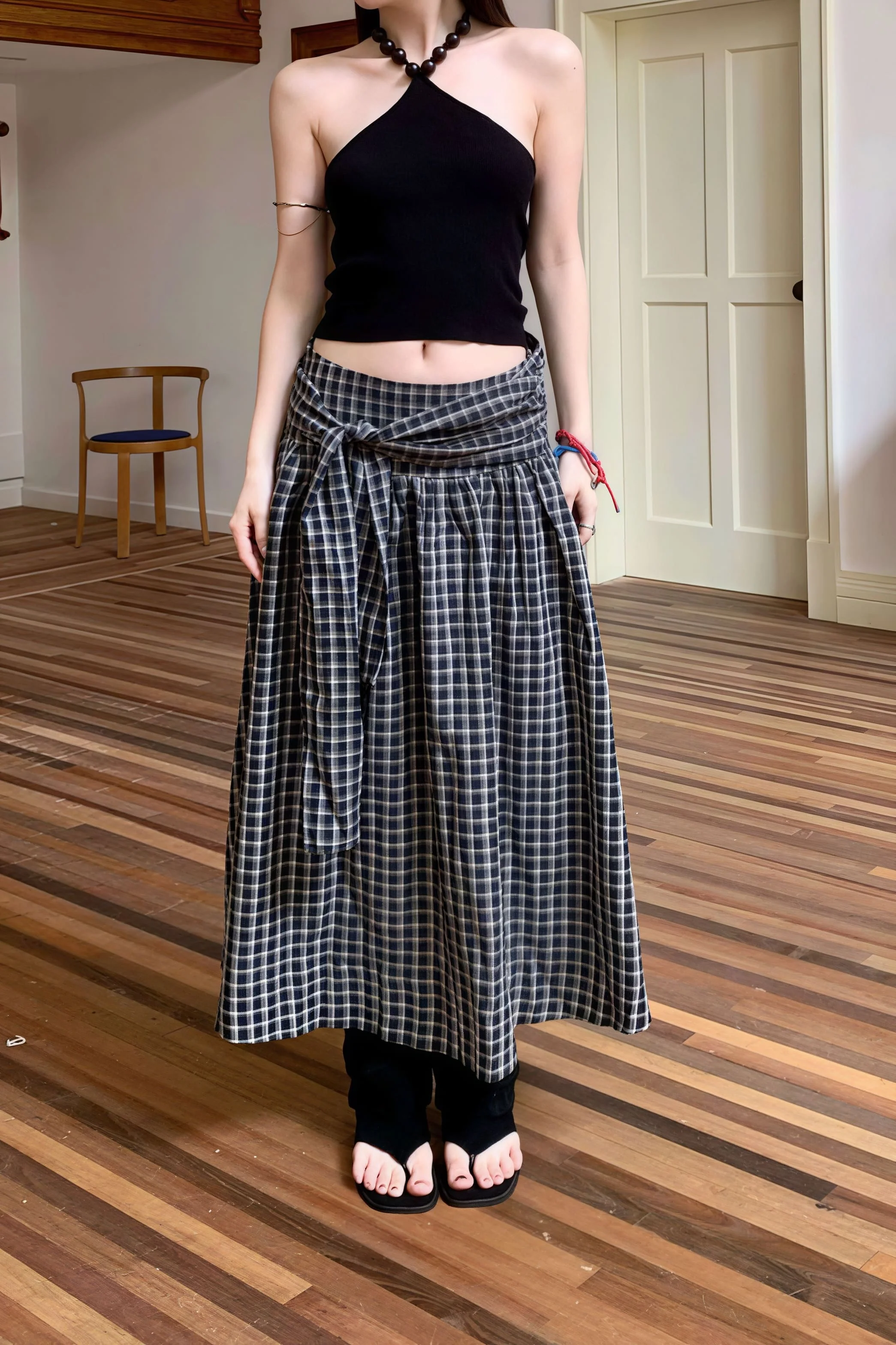 Color Block Plaid Tie Side Zip Loose Skirt - Image 6