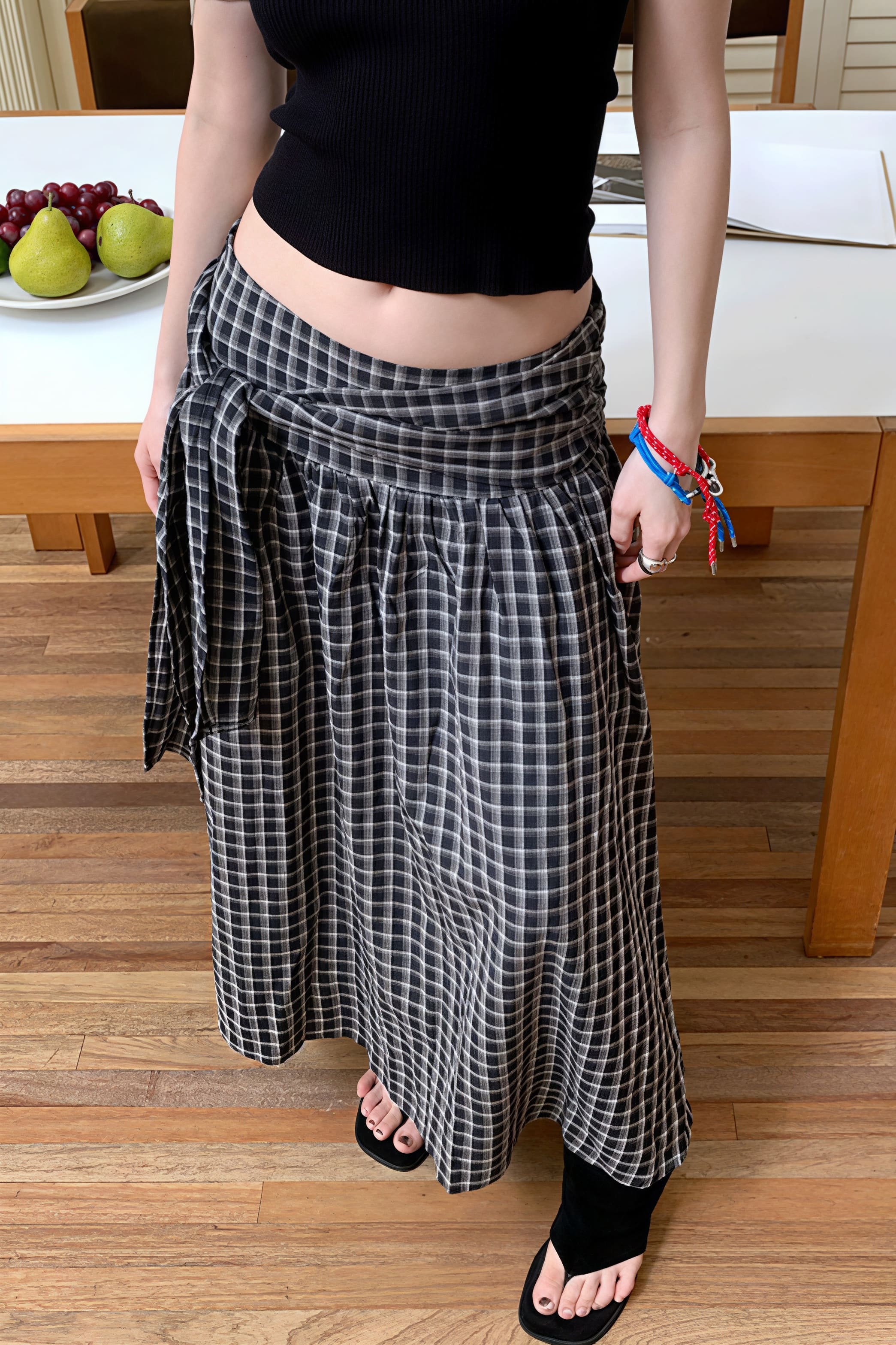 Color Block Plaid Tie Side Zip Loose Skirt - Image 7