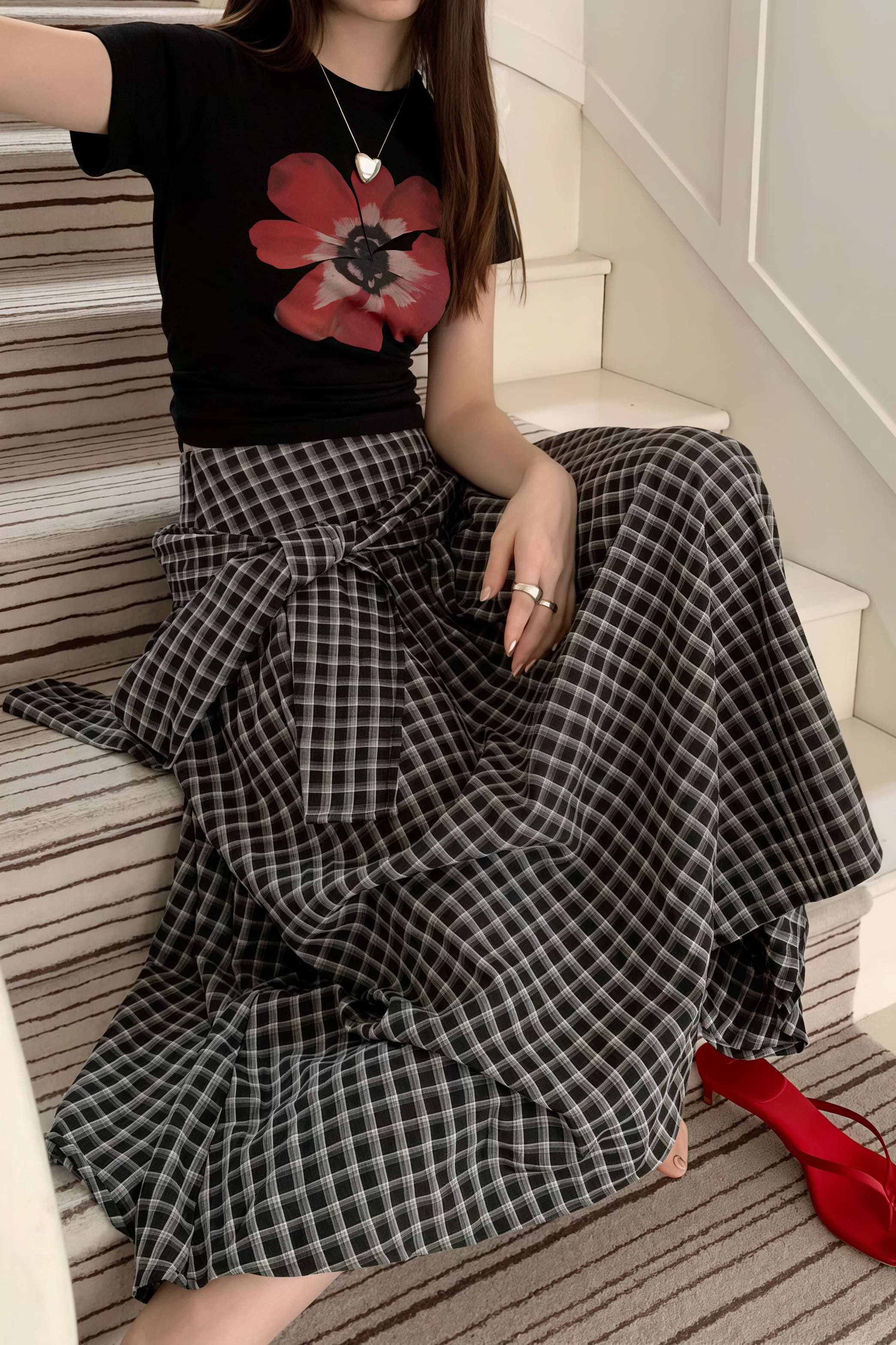 Color Block Plaid Tie Side Zip Loose Skirt - Image 8