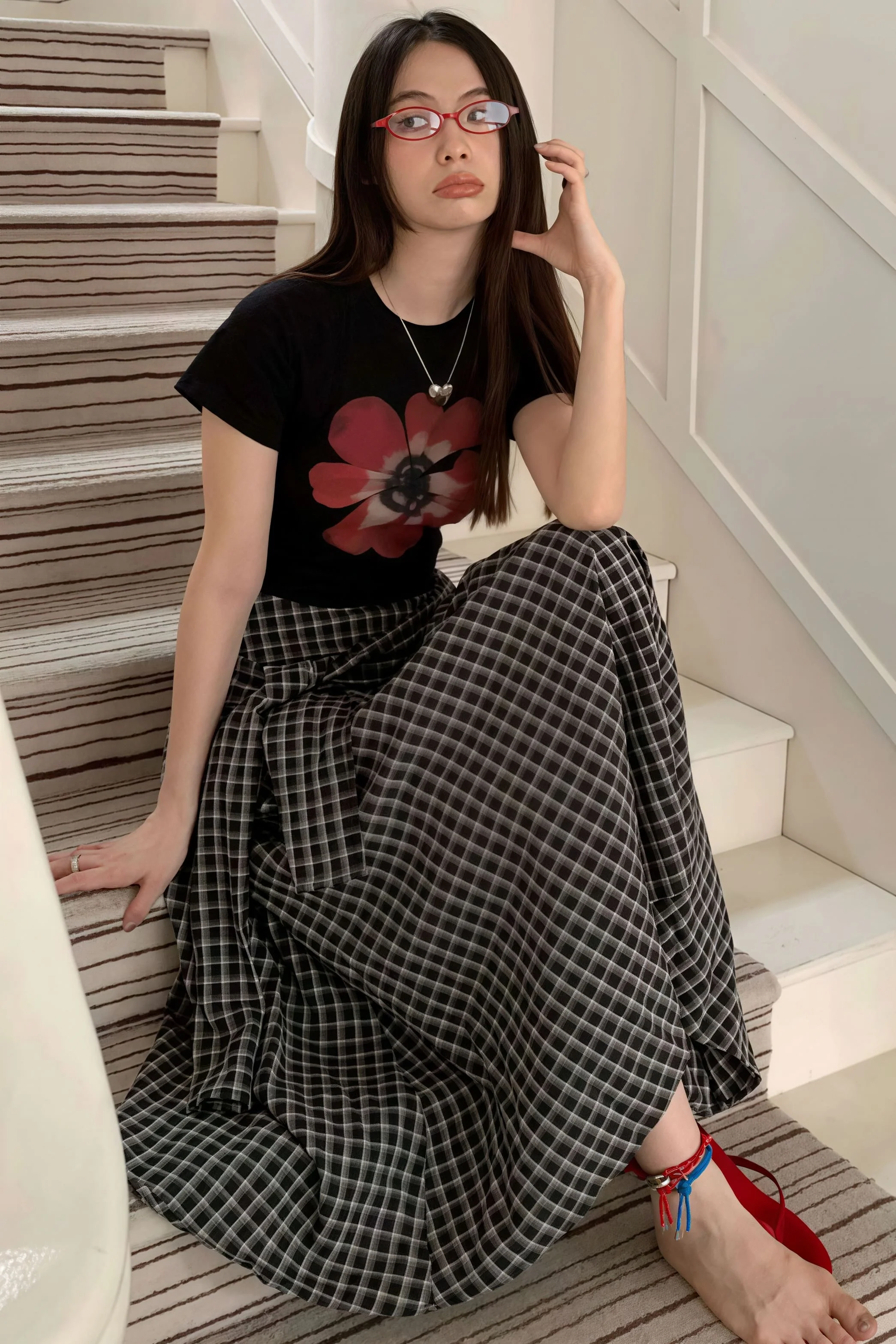 Color Block Plaid Tie Side Zip Loose Skirt - Image 9
