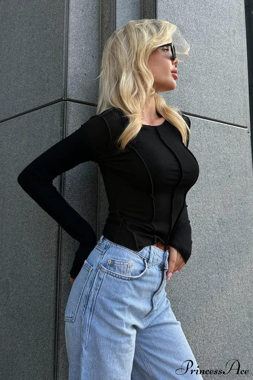 Color Block Ribbed Slim Crew Neck Long Sleeve Tee - Image 5