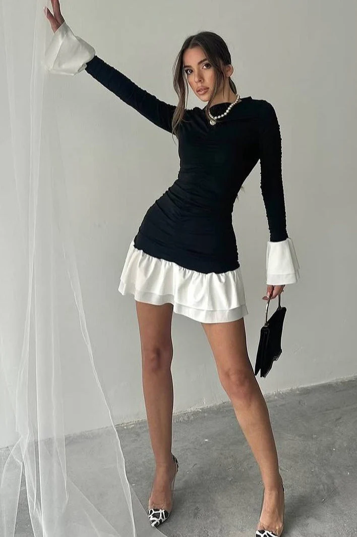 Color Block Ruched Fitted Flared Sleeve Ruffled Hem Mini Dress - Image 3