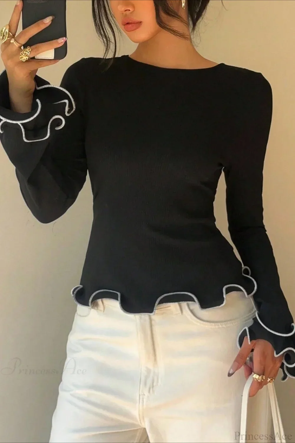 Color Block Ruffle Trim Slim Crew Neck Long Sleeve Tee - Image 2