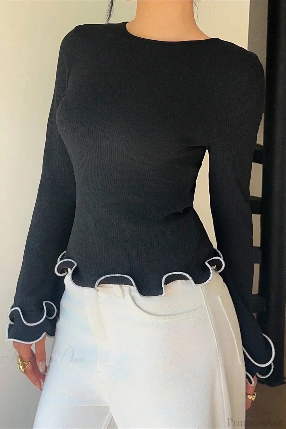 Color Block Ruffle Trim Slim Crew Neck Long Sleeve Tee - Image 3