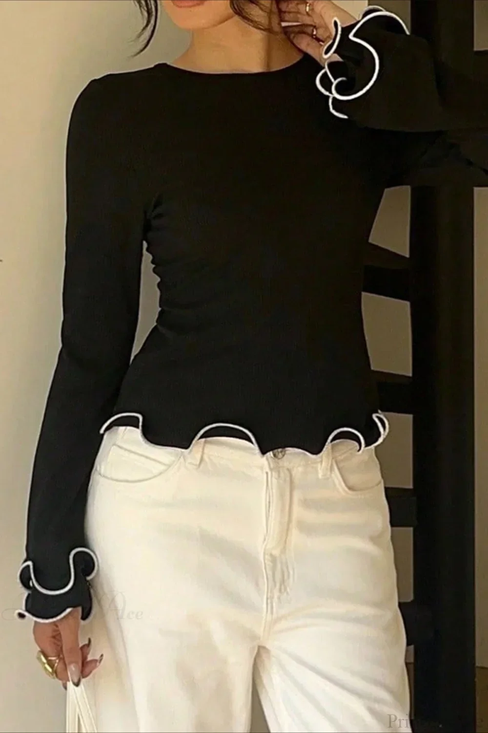 Color Block Ruffle Trim Slim Crew Neck Long Sleeve Tee - Image 4