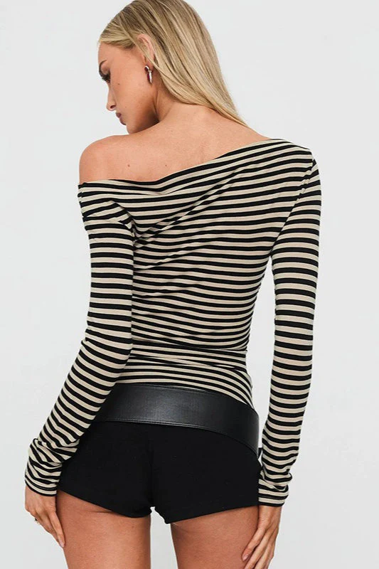 Color-Block Stripe Asymmetrical Neck Long Sleeve Tee - Image 4