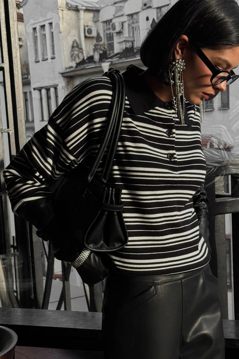 Color-block Stripe Fitted Polo Knit Blouse - Image 6
