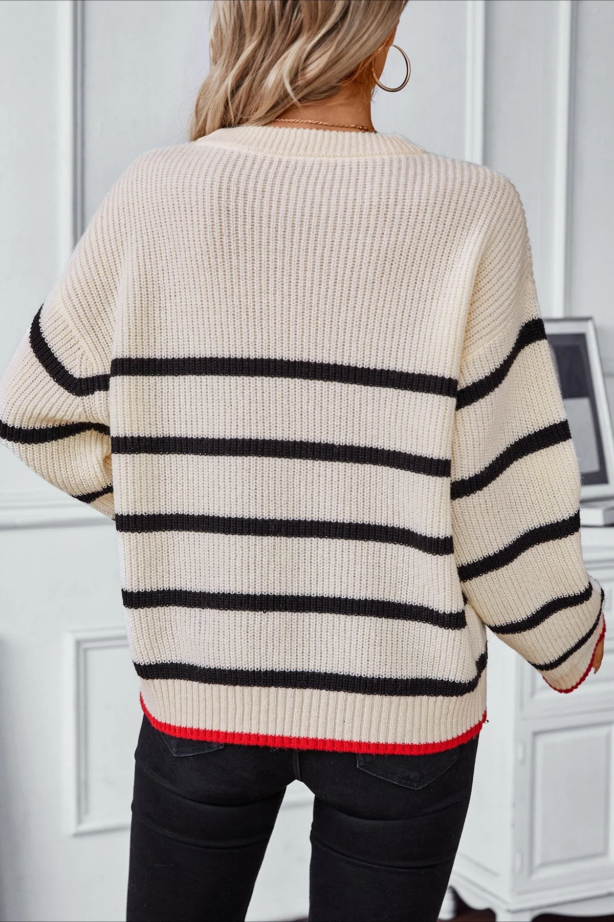 Color Block Stripe Pullover Knit Blouse - Image 2