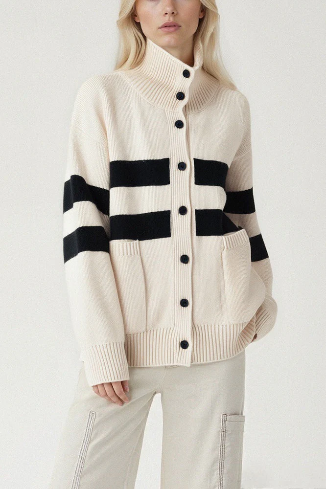 Color Block Stripe Turtleneck Loose Plus Size Knit Cardigan