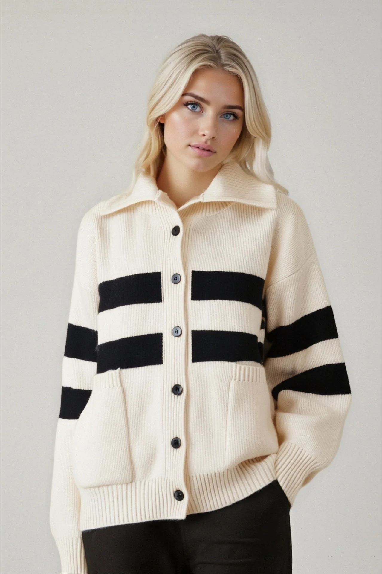 Color Block Stripe Turtleneck Loose Plus Size Knit Cardigan - Image 2