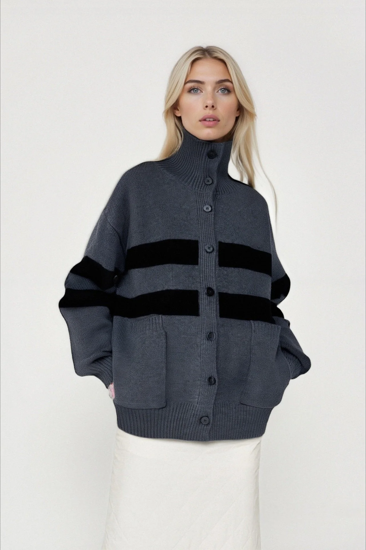 Color Block Stripe Turtleneck Loose Plus Size Knit Cardigan - Image 3