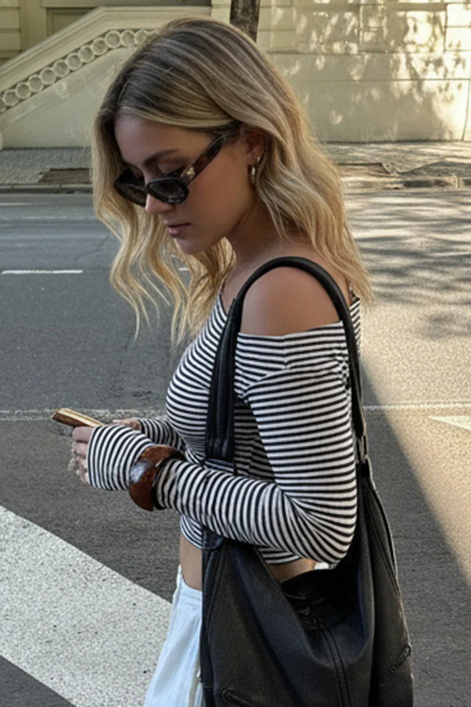 Color Block Striped Asymmetric Shoulder Fitted Blouse - Image 4