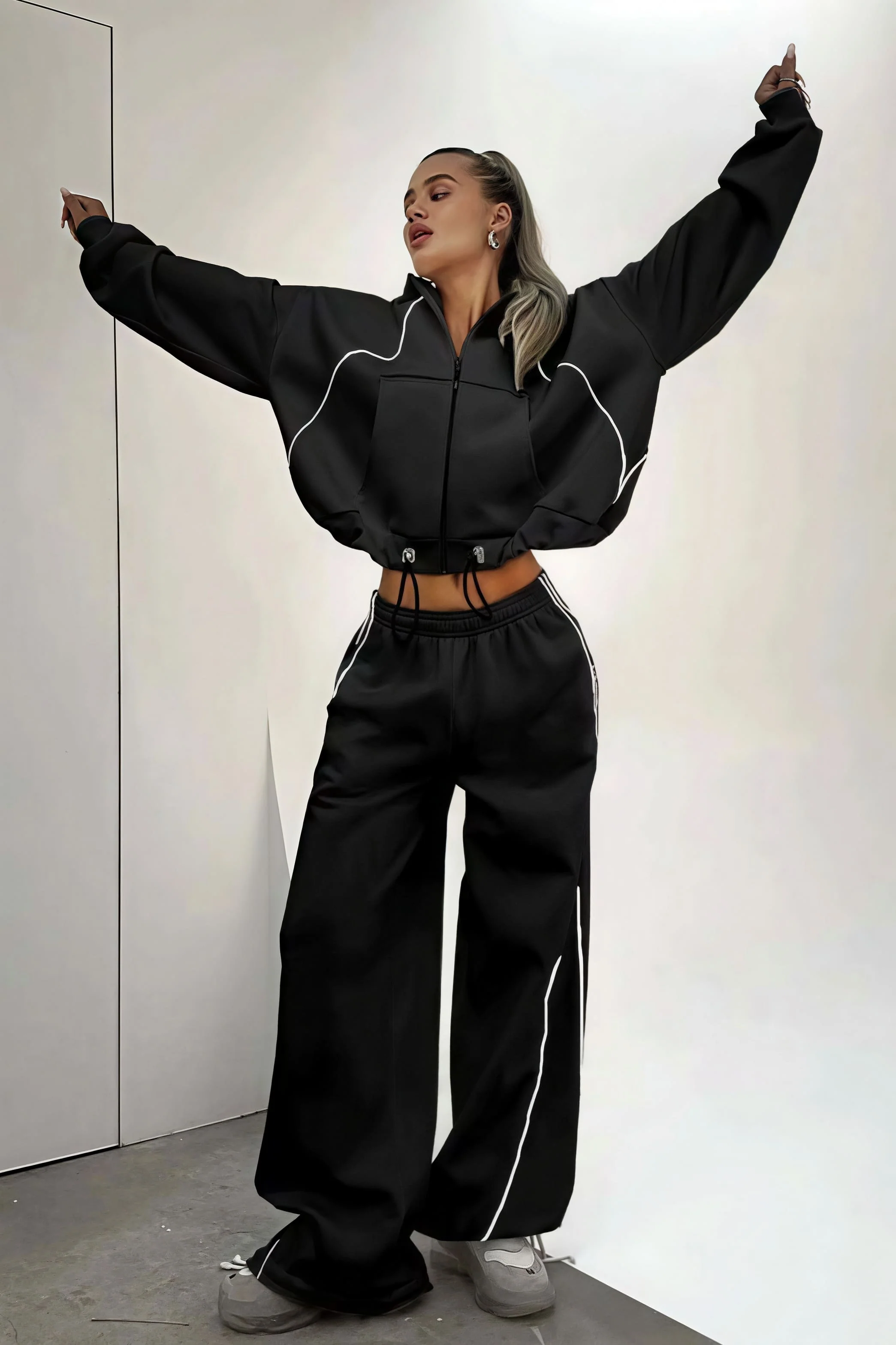 Color Block Striped Hooded Zipper Loose Two Piece Set - Image 10