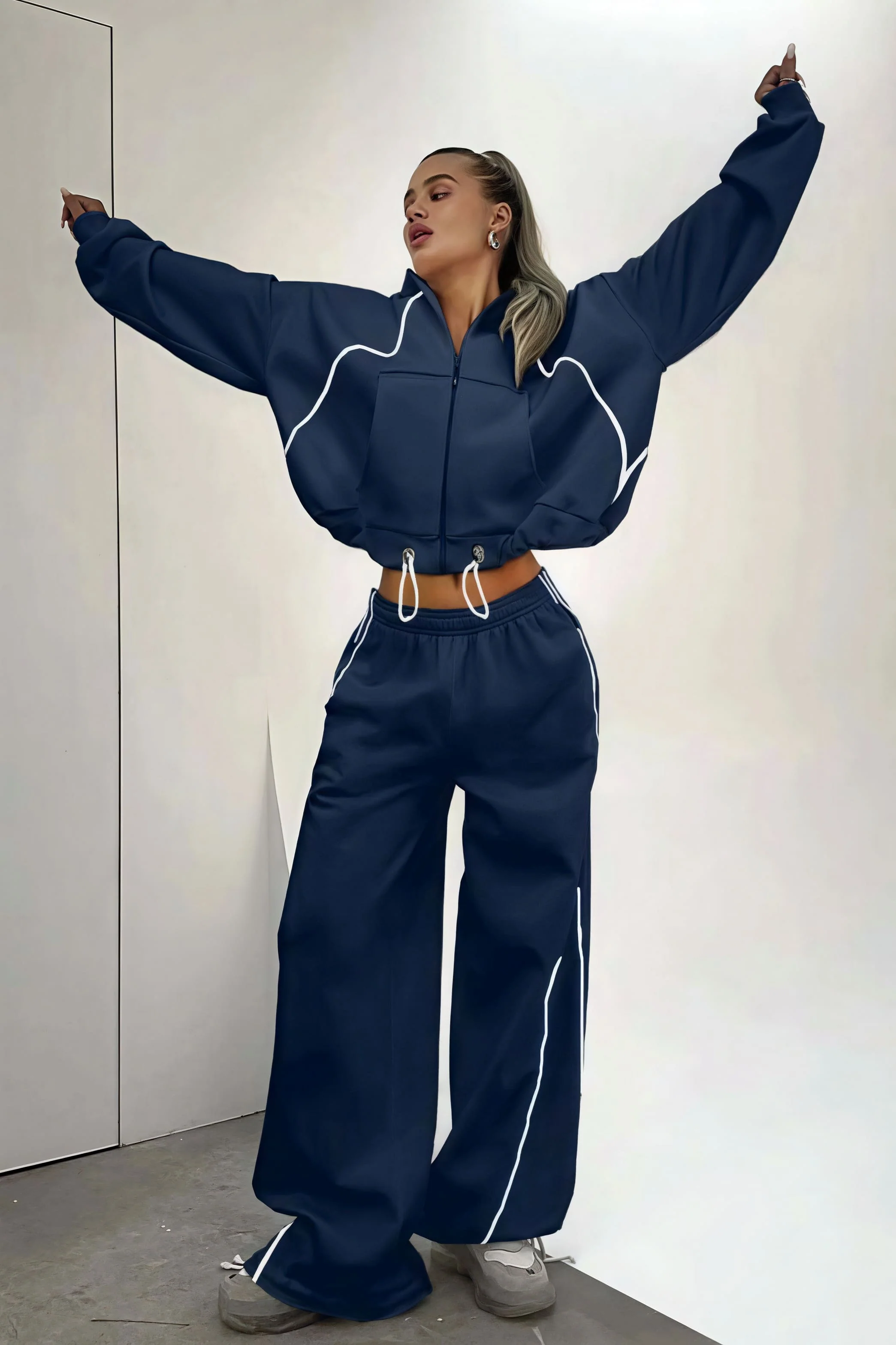 Color Block Striped Hooded Zipper Loose Two Piece Set - Image 12
