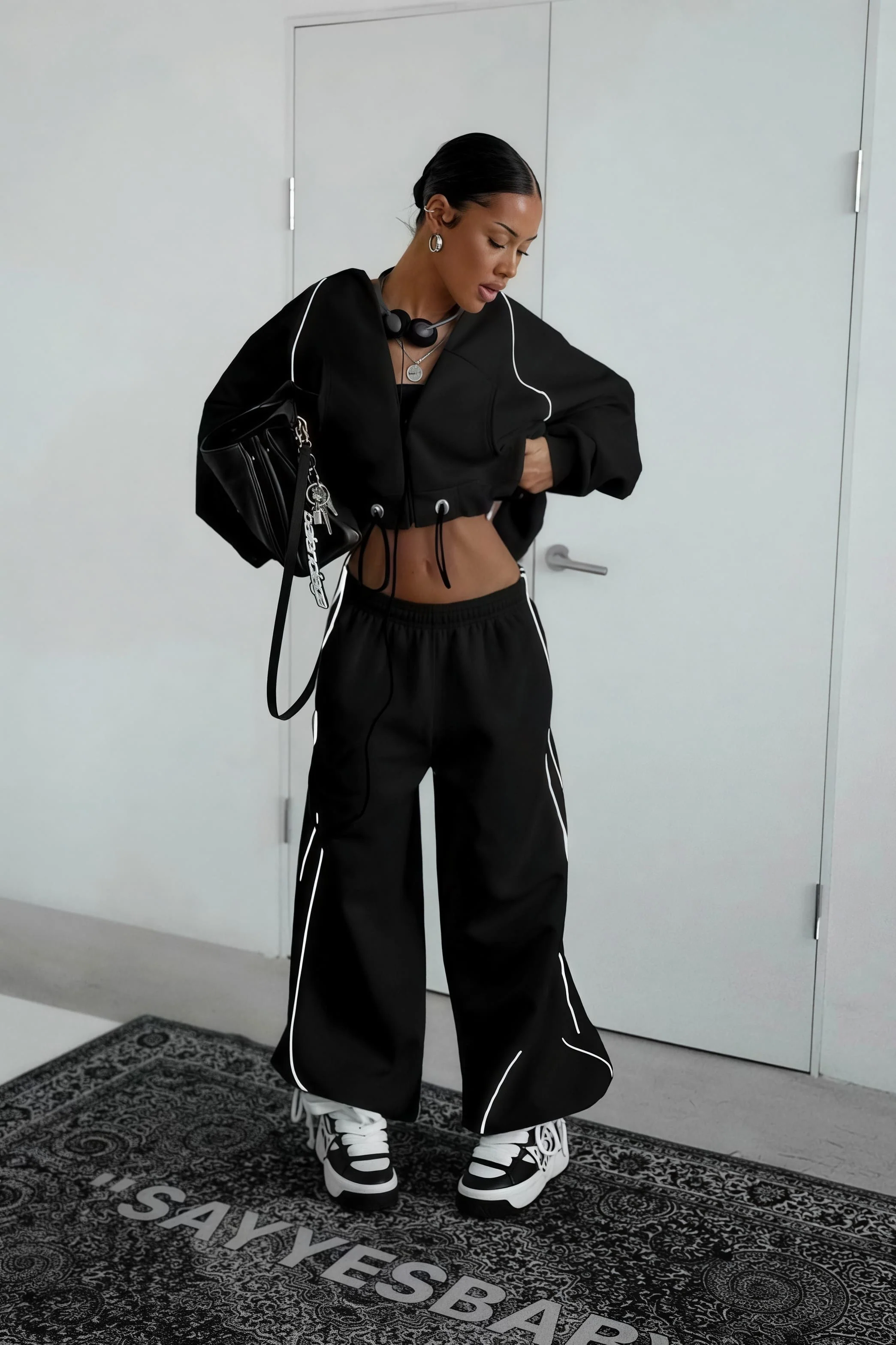 Color Block Striped Hooded Zipper Loose Two Piece Set - Image 9