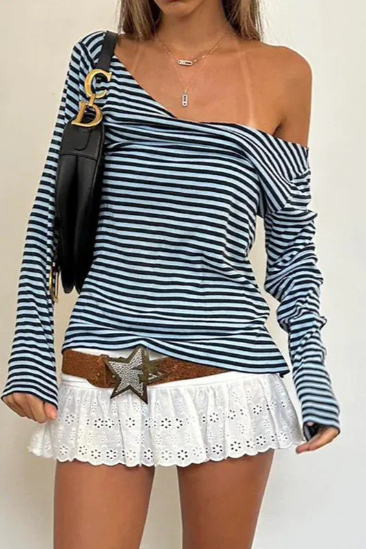 Color Block Striped V Neck Loose Knit Long Sleeve Blouse - Image 2