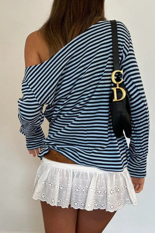 Color Block Striped V Neck Loose Knit Long Sleeve Blouse - Image 3