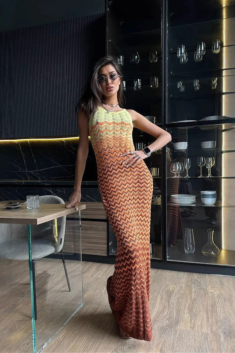 Color Block V Neck Cami Fitted Knit Maxi Dress - Image 2