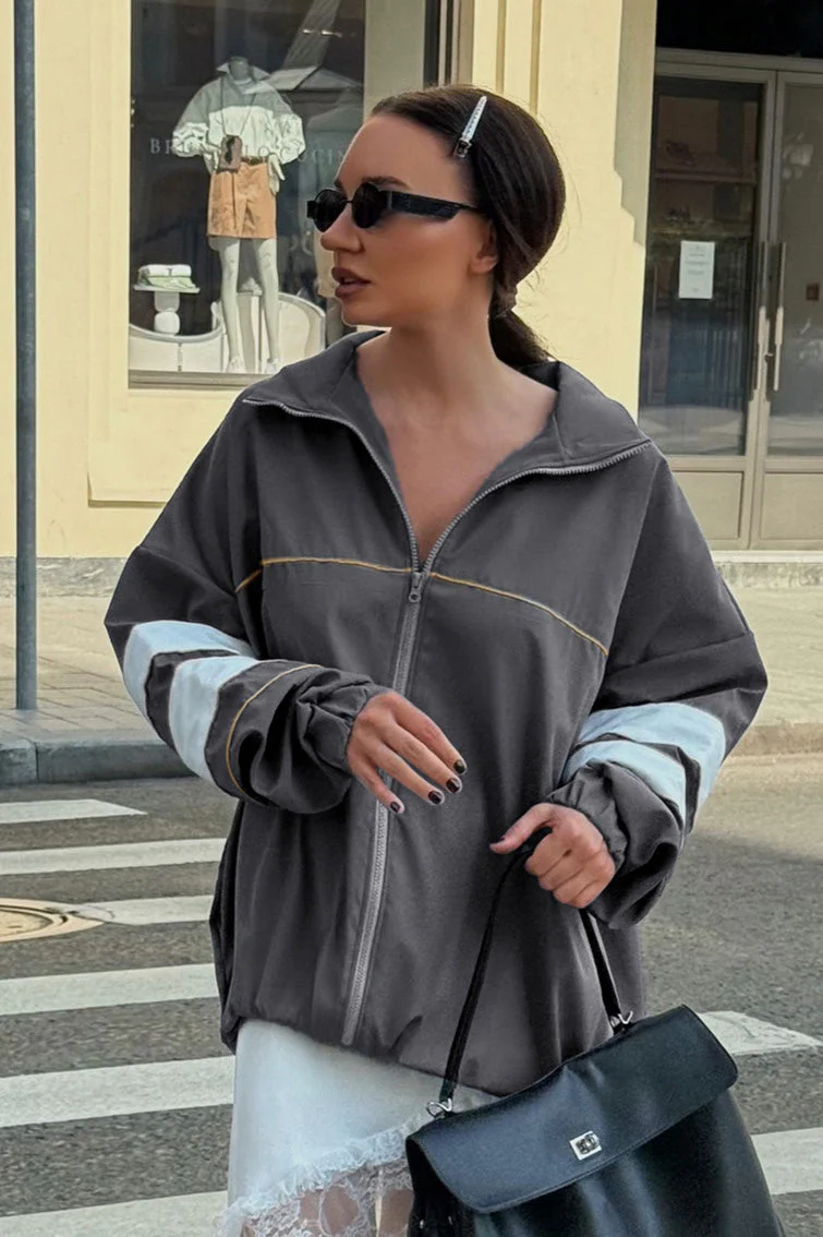 Color Blocking Loose Designer Mandarin Collar Coat - Image 5