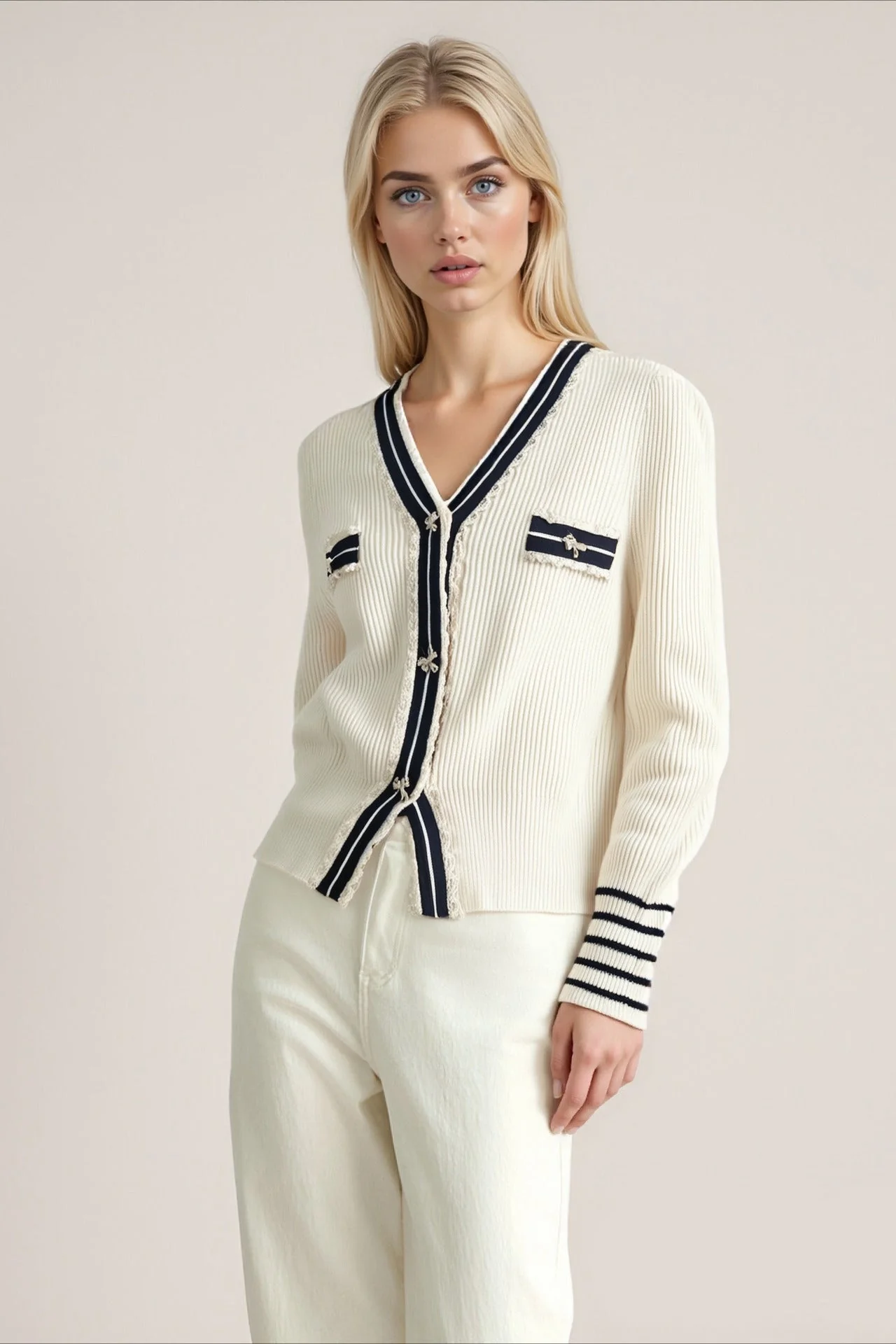 Colorblock Lace Trim V Neck Knit Cardigan - Image 3