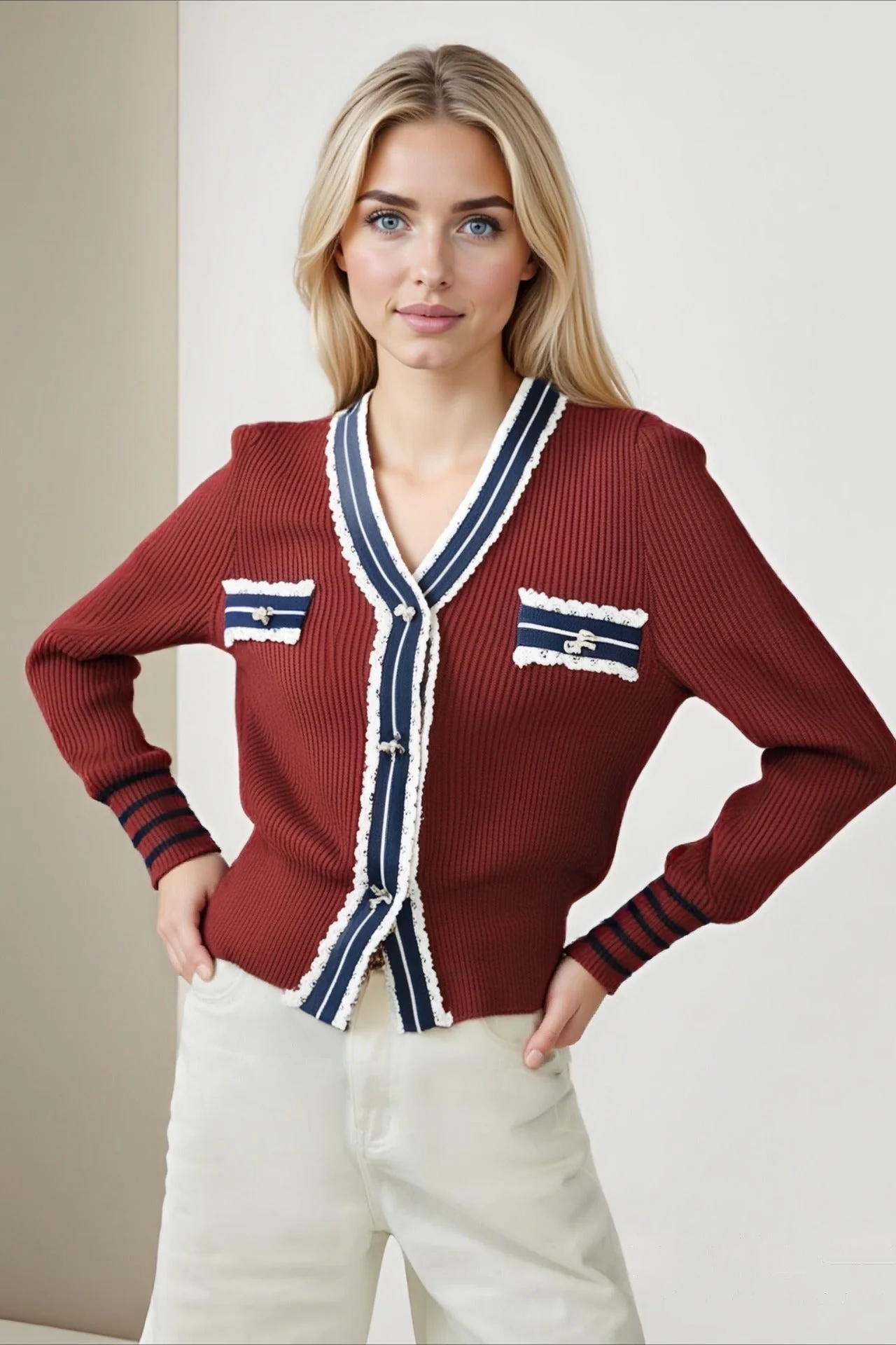 Colorblock Lace Trim V Neck Knit Cardigan - Image 4