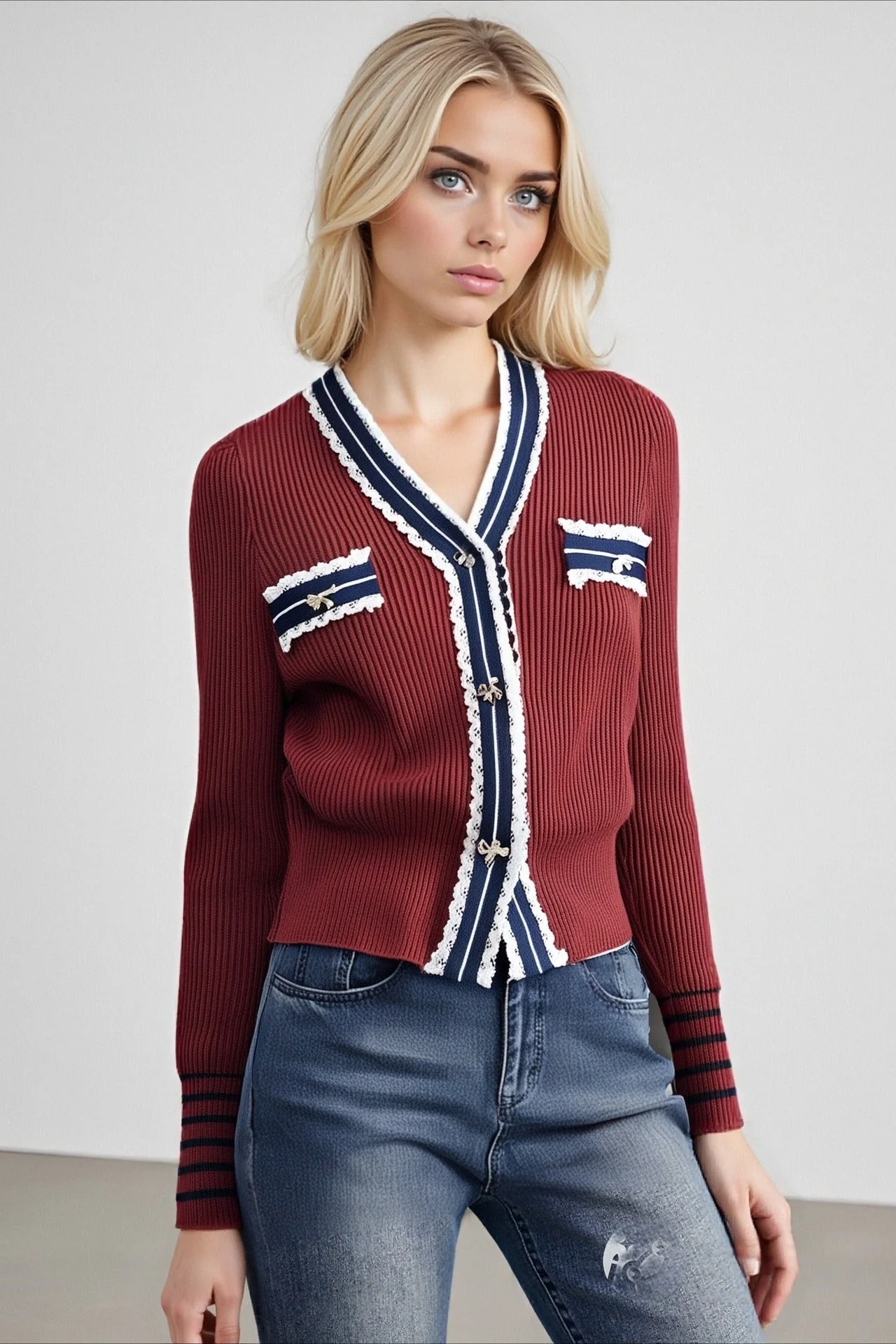 Colorblock Lace Trim V Neck Knit Cardigan - Image 5