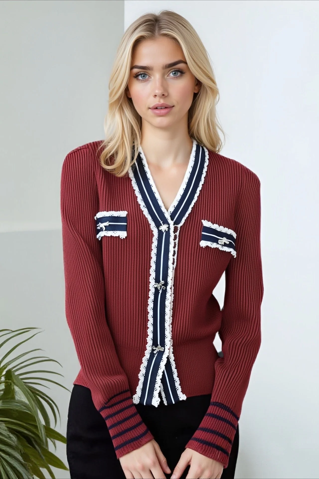 Colorblock Lace Trim V Neck Knit Cardigan - Image 6