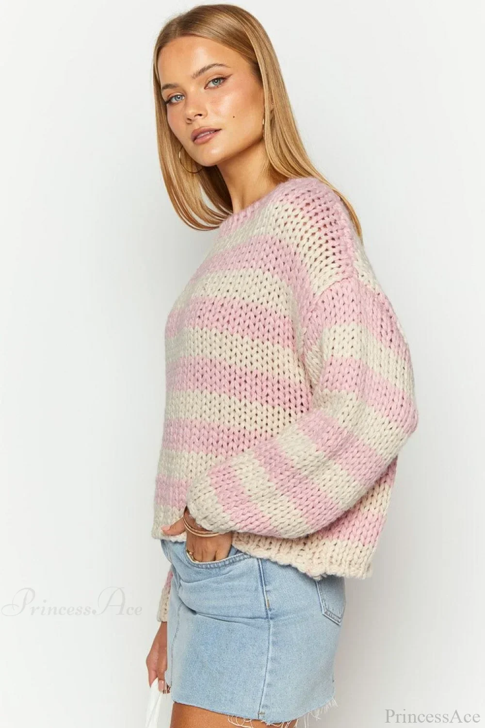 Colorblock Off-the-shoulder Stripe Casual Loose Sweater - Image 4