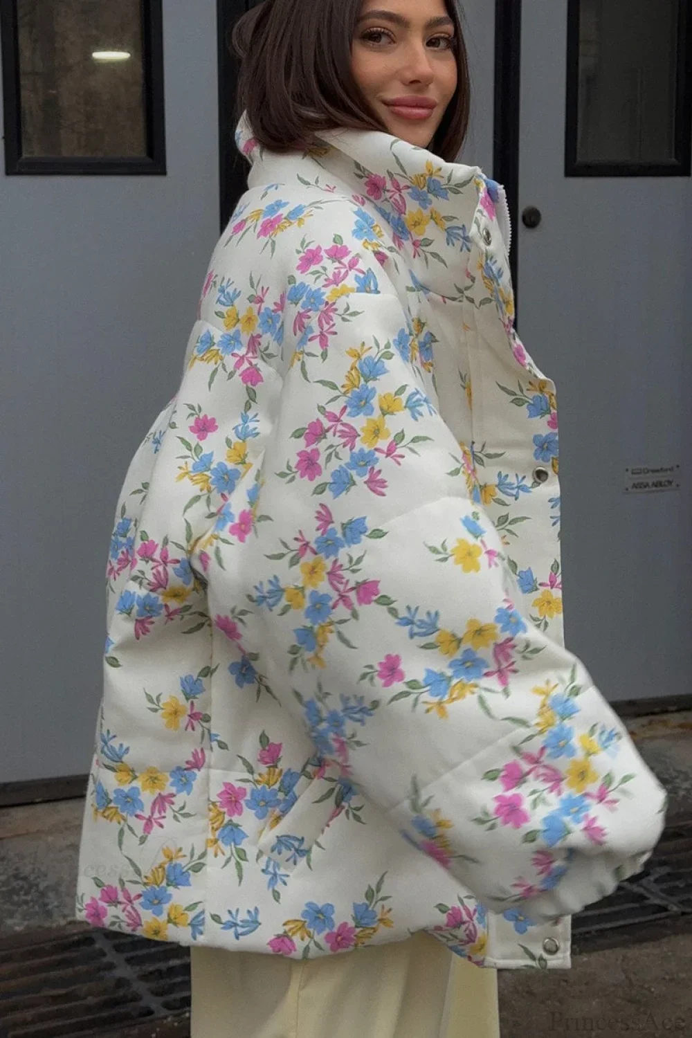 Colorful Print Stand Collar Zipper Cotton Blend Coat - Image 4