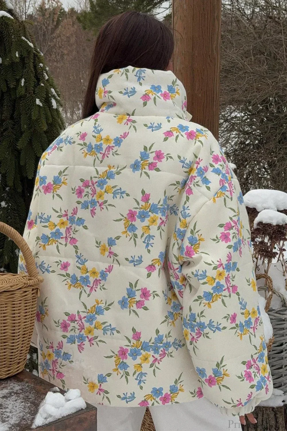 Colorful Print Stand Collar Zipper Cotton Blend Coat - Image 5