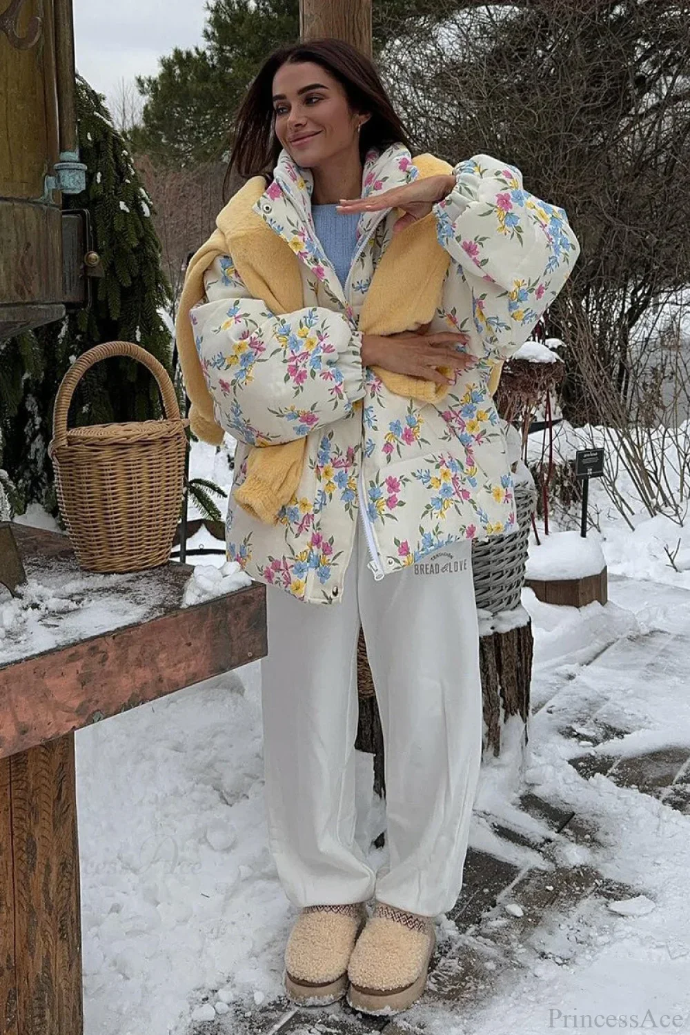 Colorful Print Stand Collar Zipper Cotton Blend Coat - Image 7