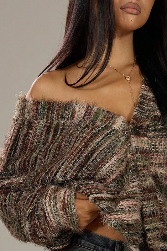 Colorful Striped V Neck Loose Knit Cardigan - Image 3