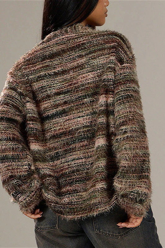 Colorful Striped V Neck Loose Knit Cardigan - Image 4