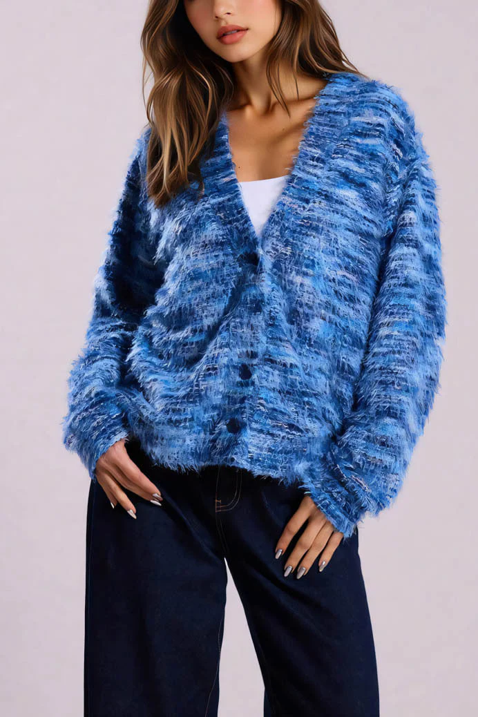 Colorful Striped V Neck Loose Knit Cardigan - Image 5