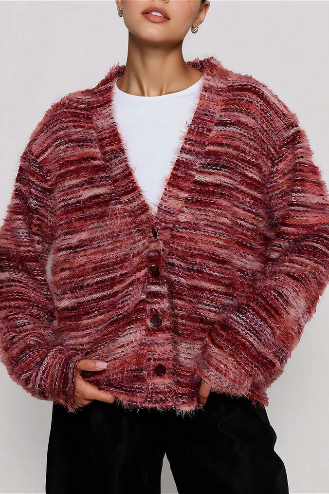 Colorful Striped V Neck Loose Knit Cardigan - Image 7