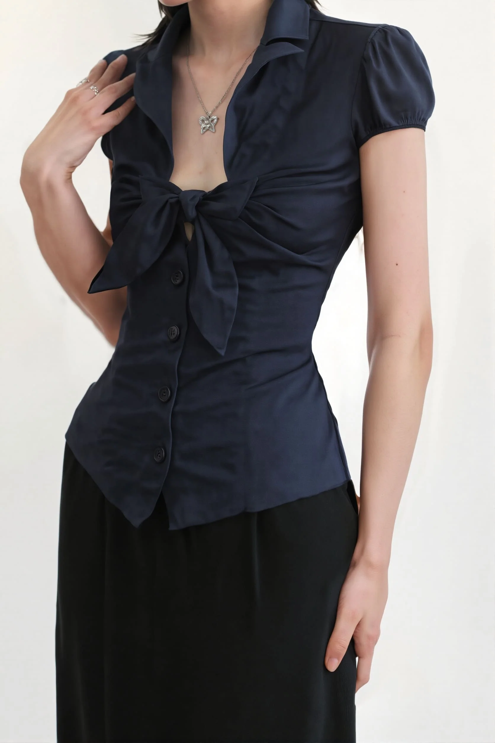 Commuter Preppy Bow Tie Button Down Blouse - Image 3