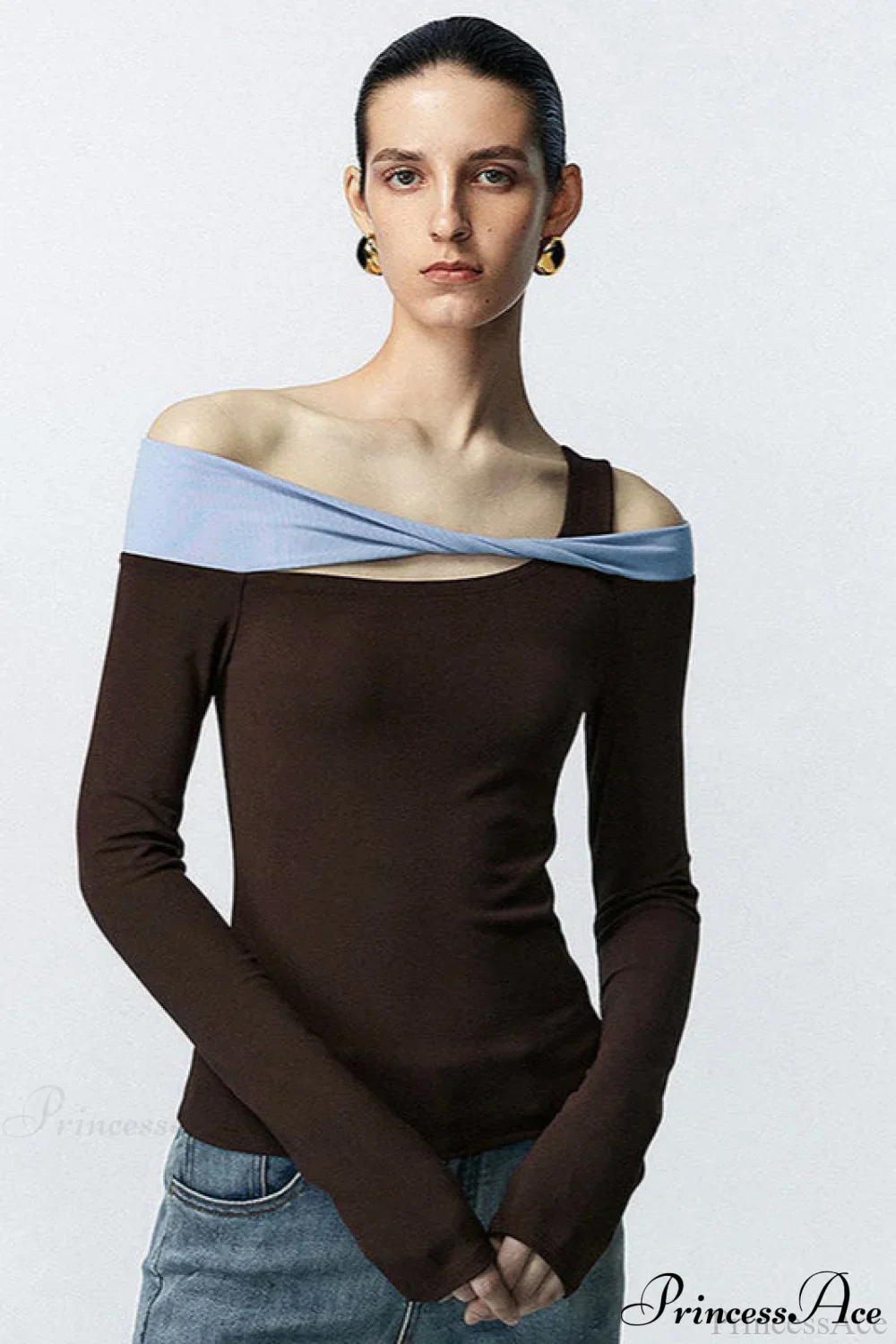 Contrast Color One Shoulder Cutout Slim Long Sleeve Tee - Image 2