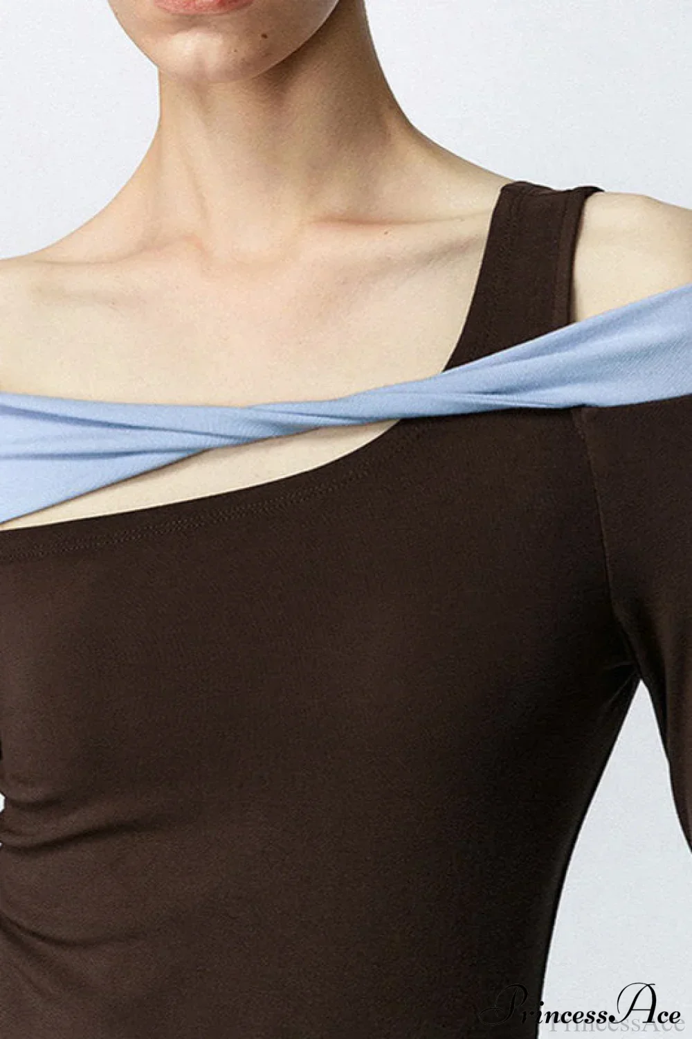 Contrast Color One Shoulder Cutout Slim Long Sleeve Tee - Image 4
