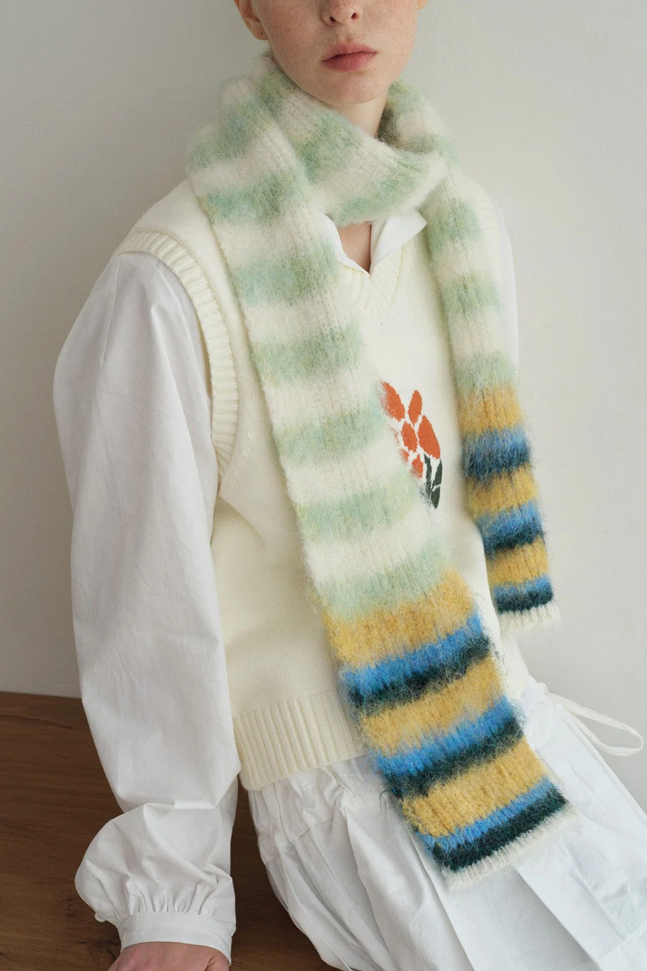 Contrast Striped Narrow Soft Wool Blend Knitted Scarf - Image 10
