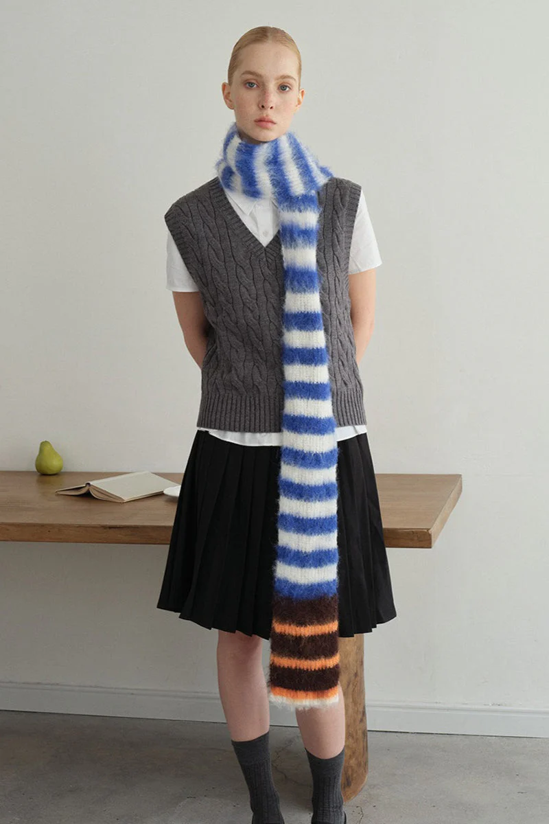 Contrast Striped Narrow Soft Wool Blend Knitted Scarf - Image 11