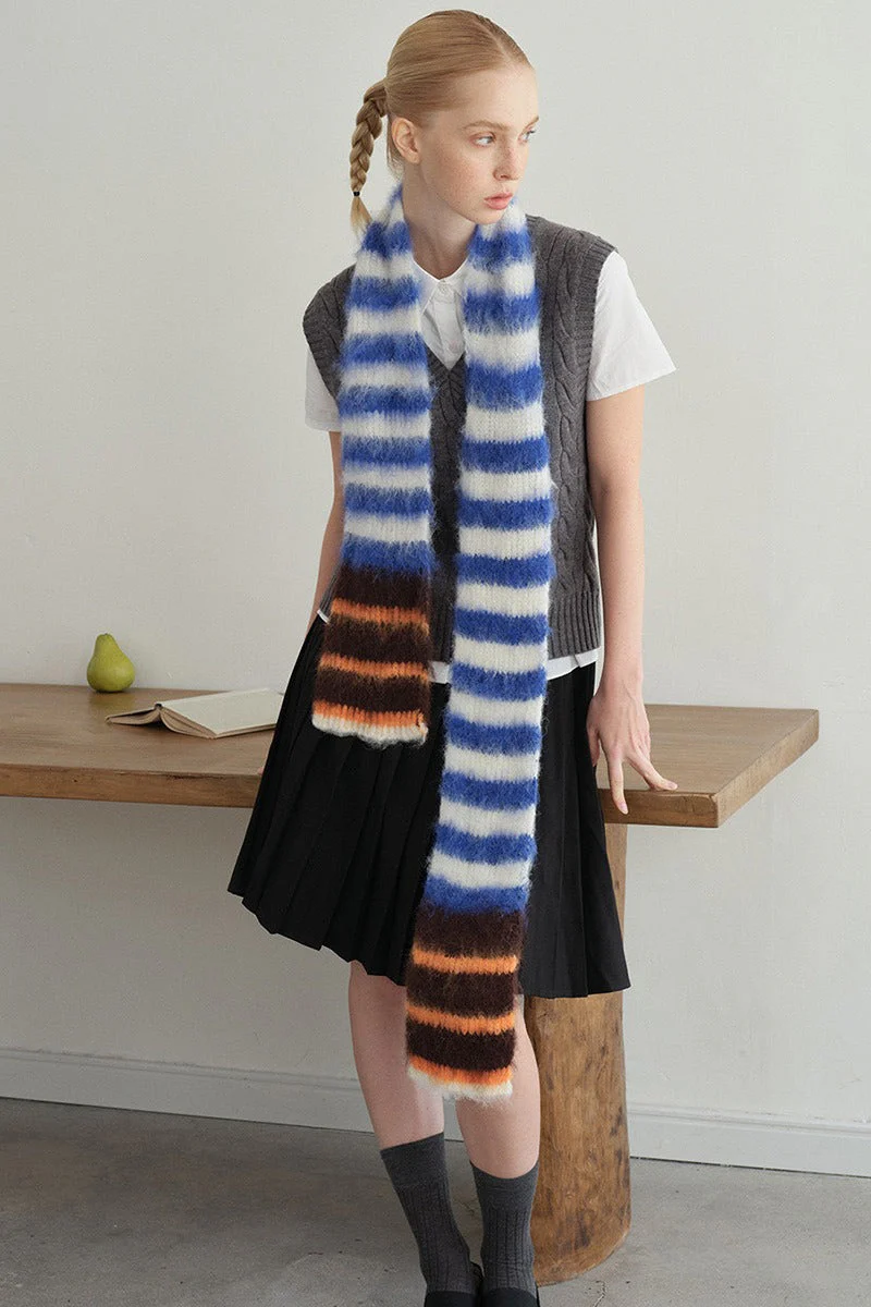 Contrast Striped Narrow Soft Wool Blend Knitted Scarf - Image 12