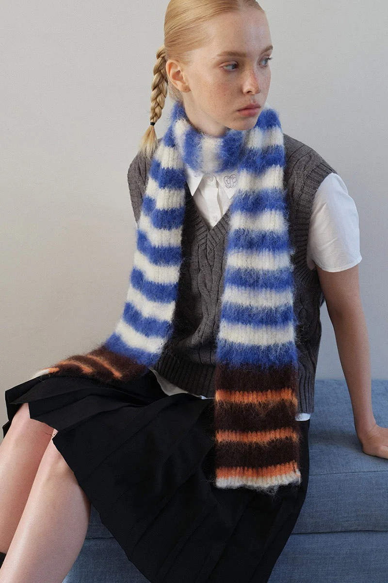 Contrast Striped Narrow Soft Wool Blend Knitted Scarf - Image 13