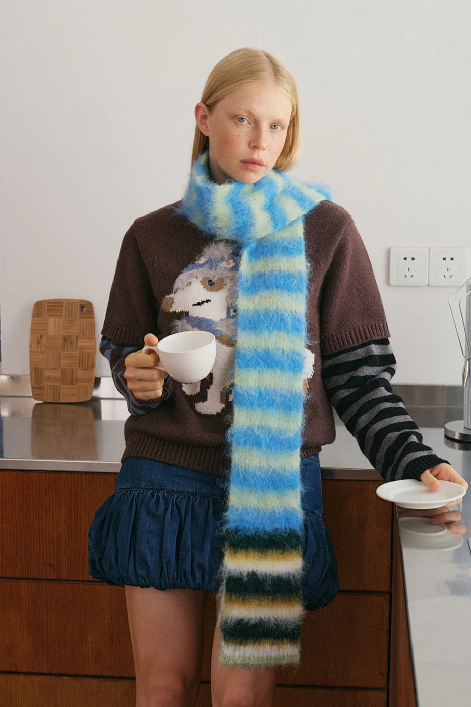 Contrast Striped Narrow Soft Wool Blend Knitted Scarf - Image 3