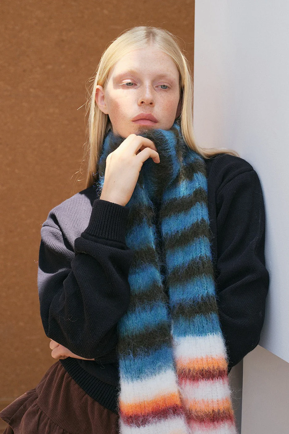 Contrast Striped Narrow Soft Wool Blend Knitted Scarf - Image 4